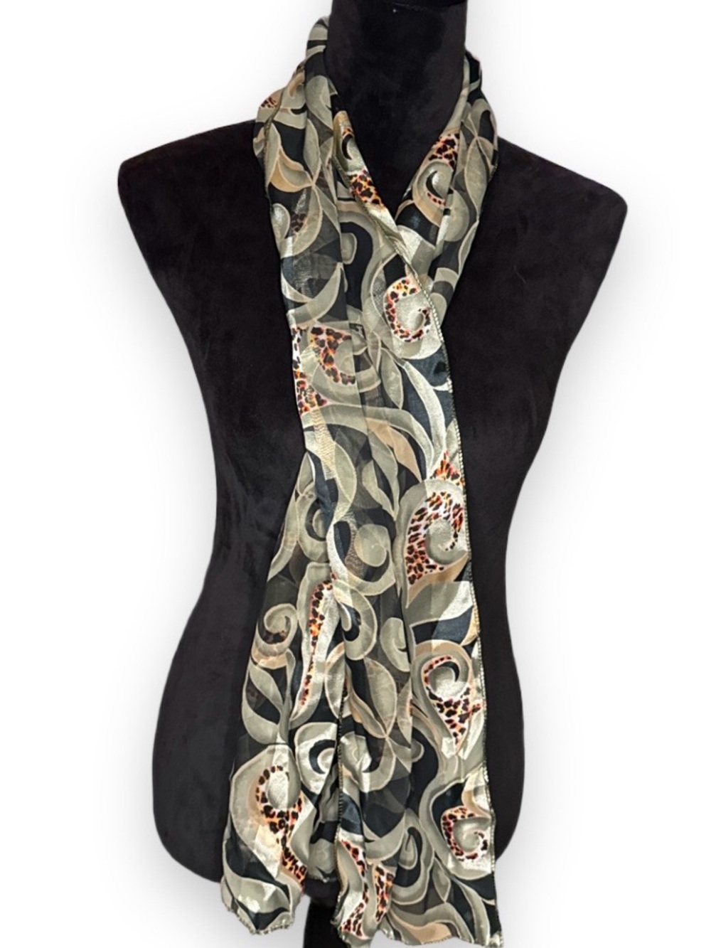 Abstract Swirl & Leopard Accent Scarf in Sage Green and Black